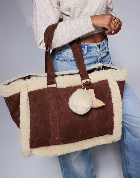 River Island faux fur trim shopper bag in brown - view 1