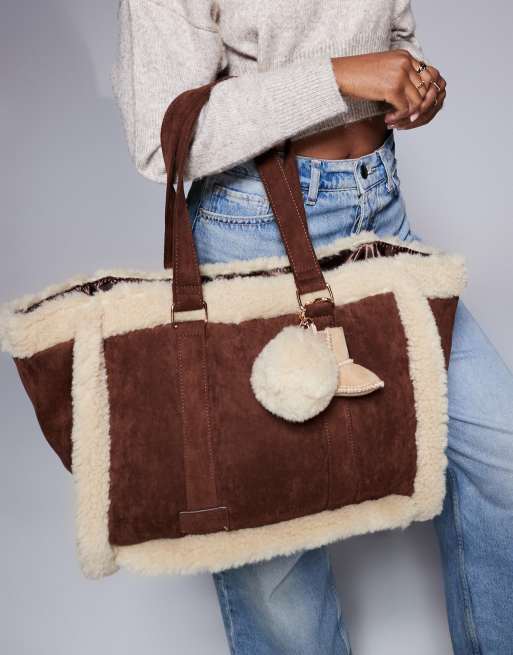 River Island faux fur trim shopper bag in brown ASOS