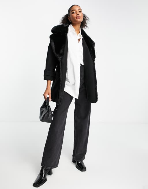 River Island faux fur trim swing coat in black | ASOS