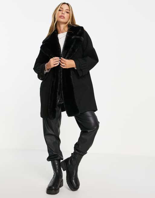 River Island faux fur trim swing coat in black | ASOS