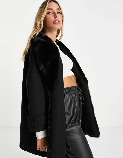 River Island faux fur trim swing coat in black ASOS