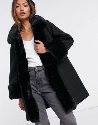 River Island faux fur trim swing coat in black | ASOS