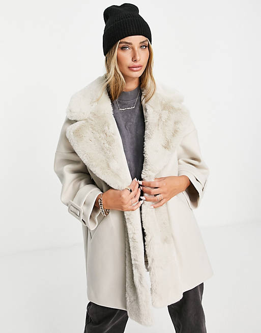 Eksamensbevis endnu engang lur River Island faux fur trim swing coat in taupe | ASOS