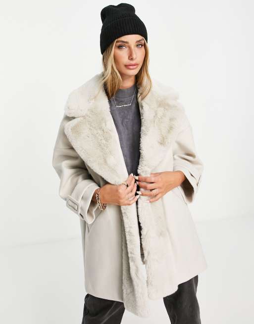 Cream faux fur 2025 trim swing coat