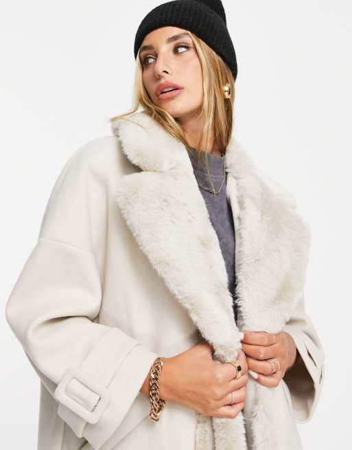 Cream faux fur 2025 trim swing coat