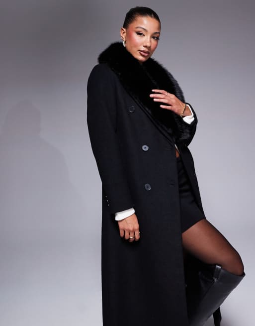 River Island faux fur wool look coat in black | ASOS