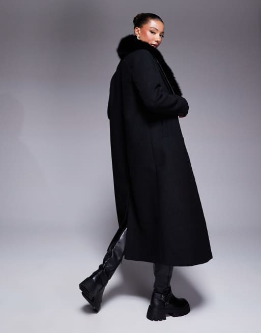 River Island faux fur wool look coat in black ASOS