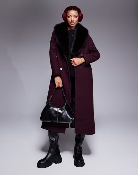 River Island faux fur wool look coat in wine - view 1