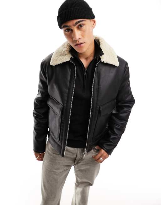 River Island faux leather aviator jacket in black ASOS