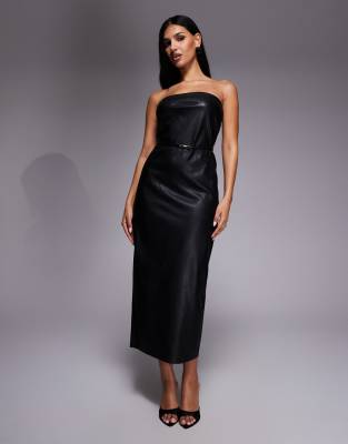River Island faux leather bandeau dress with skinny belt in black