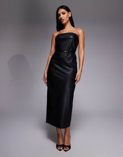River Island faux leather bandeau dress with skinny belt in black - view 1