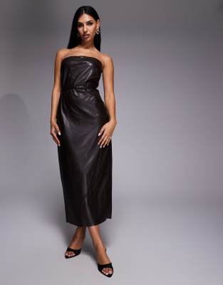River Island faux leather bandeau dress with skinny belt in dark brown