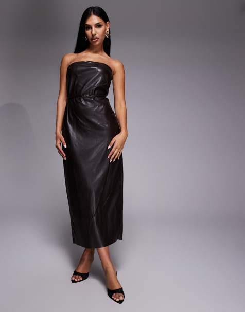 River Island faux leather bandeau dress with skinny belt in dark brown - view 1