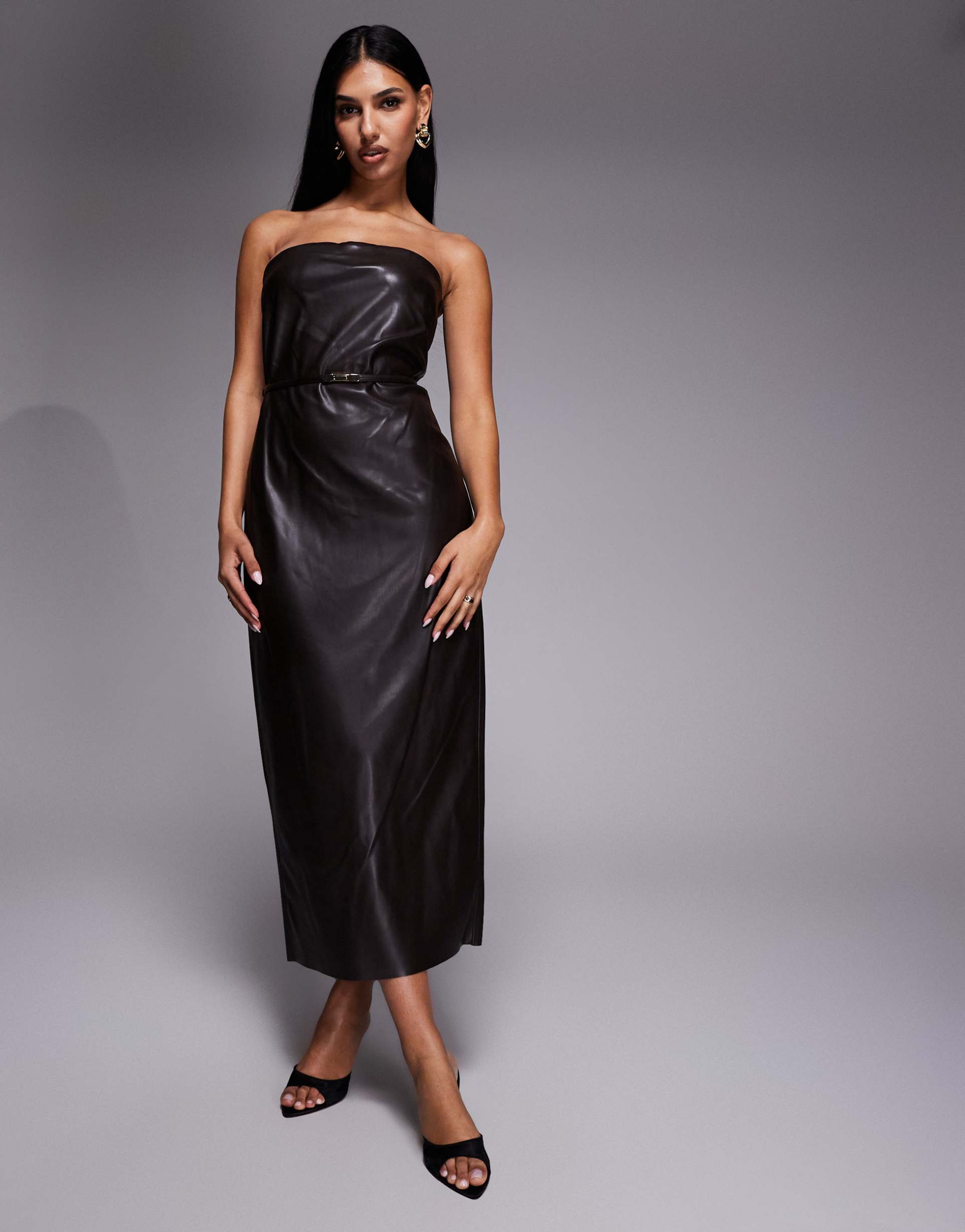 river island faux leather bandeau dress with skinny belt in dark brown