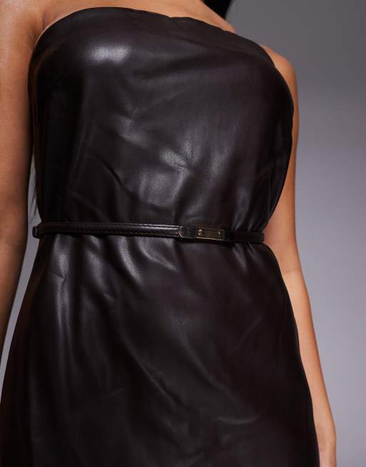River Island faux leather bandeau dress with skinny belt in dark brown |  ASOS