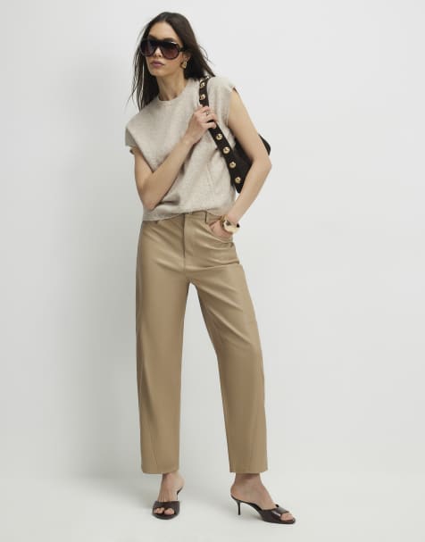 River Island Faux leather barrel leg trousers in beige