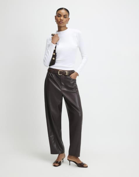 River Island Faux leather barrel leg trousers in brown - dark - view 1