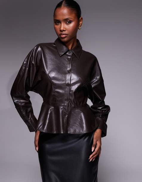 River Island faux leather batwing shirt in dark brown - view 1