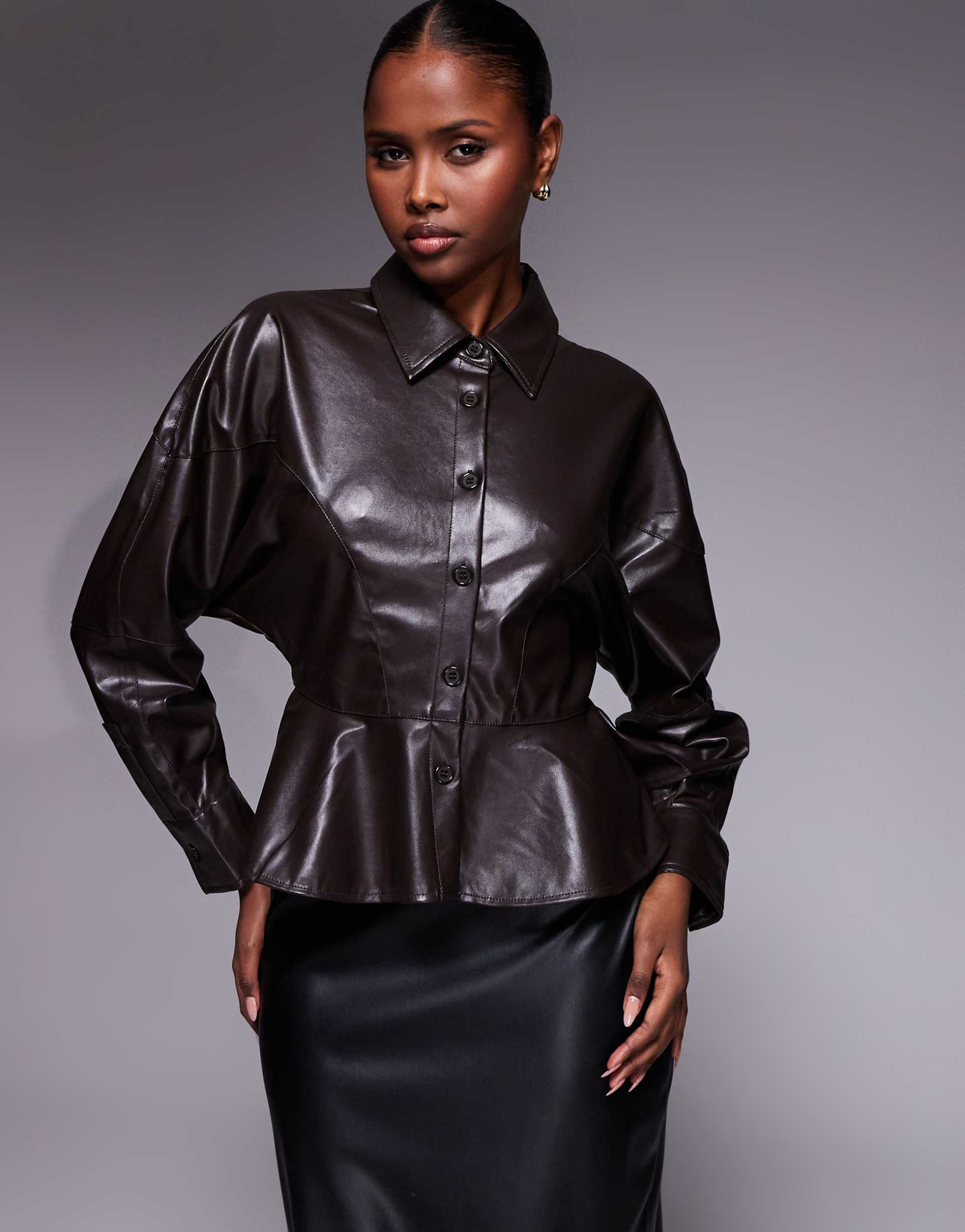 river island faux leather batwing shirt in dark brown