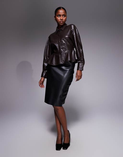 River Island faux leather batwing shirt in dark brown, 2 of 4