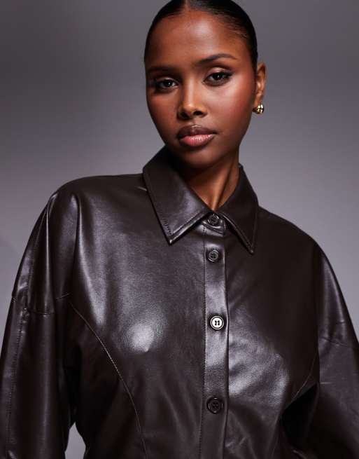 River Island faux leather batwing shirt in dark brown, 3 of 4