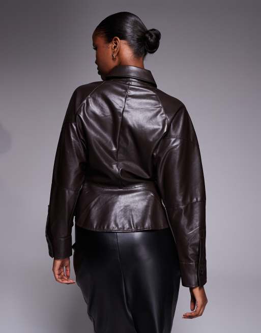River Island faux leather batwing shirt in dark brown, 4 of 4