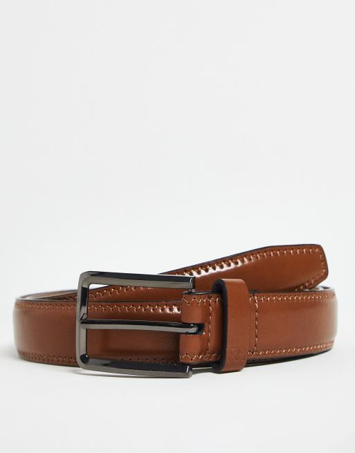 River Island faux leather belt with gunmetal buckle in brown | ASOS