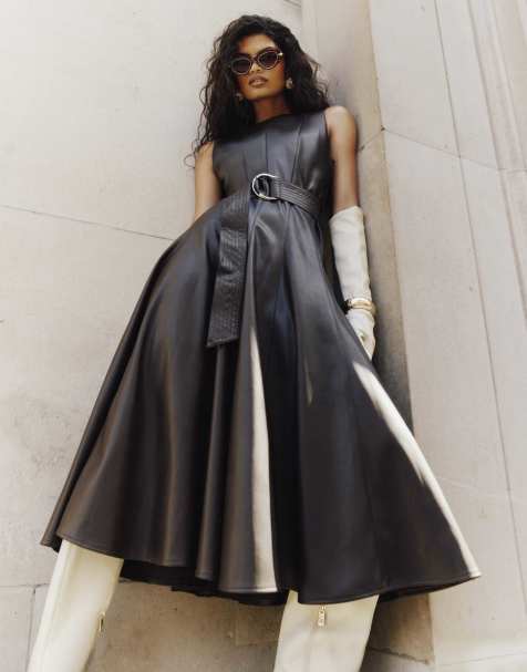 River Island Faux leather belted midi dress in brown - dark - view 1