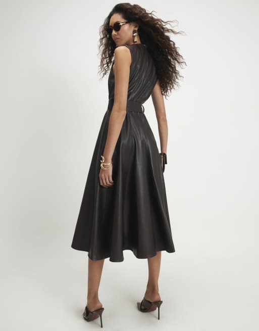 River Island Faux leather belted midi dress in brown, 4 of 4