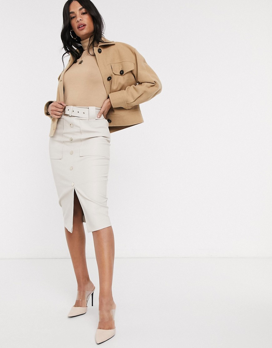 River Island faux leather belted midi skirt in white
