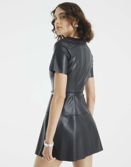 River Island Faux leather belted mini dress in black | ASOS