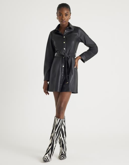 River Island Faux leather belted shirt mini dress in black | ASOS
