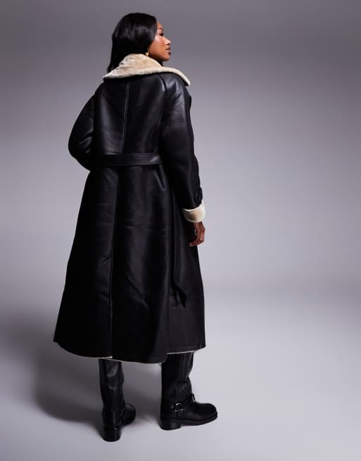 River Island faux leather belted trench with shearling detail in black ASOS