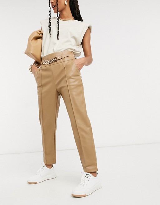 River Island faux leather belted trouser in camel