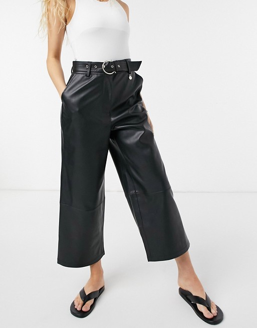 River Island faux leather belted wide leg culotte trouser in black
