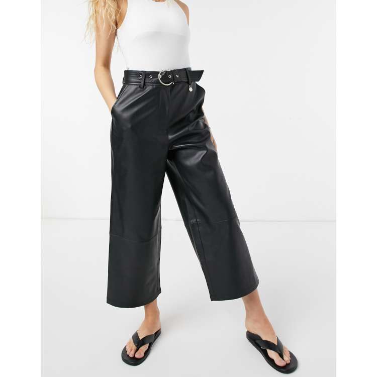 River Island faux leather belted wide leg culotte trouser in black