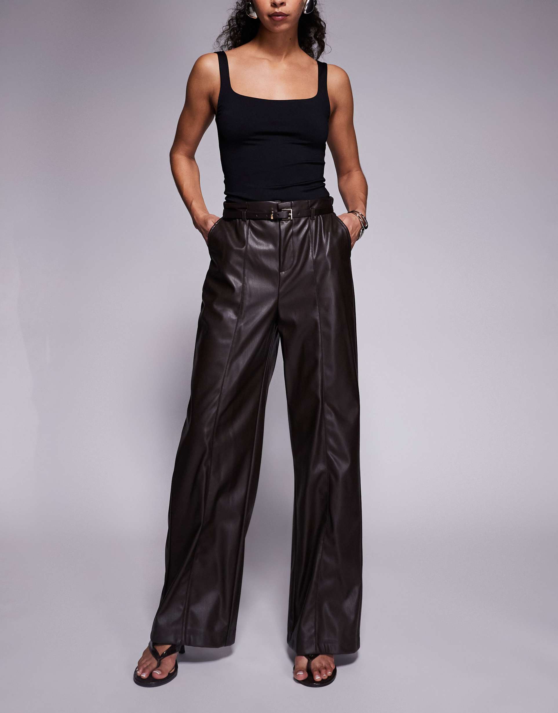 river island faux leather belted wide leg pants in dark brown
