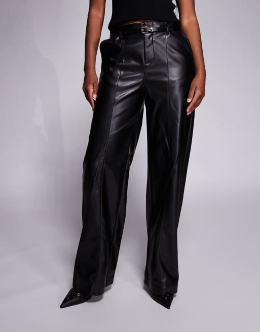 River Island faux leather belted wide leg trouser in black