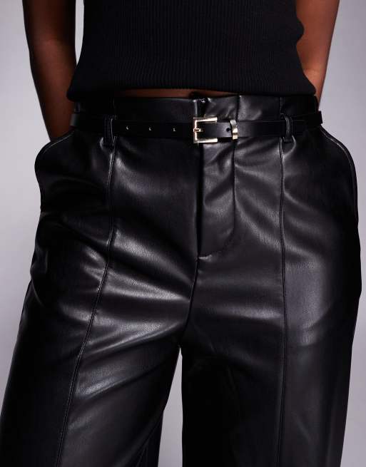 River Island faux leather belted wide leg trouser in black