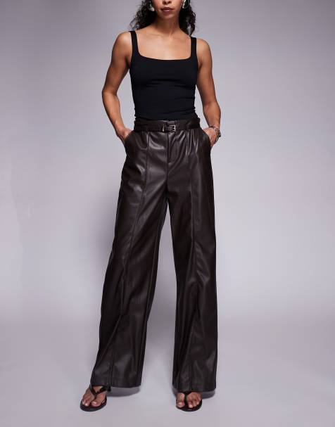 River Island faux leather belted wide leg trouser in dark brown
