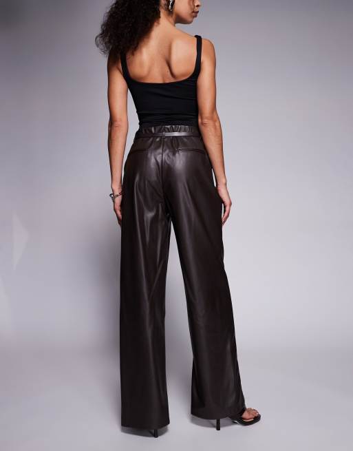 River Island faux leather belted wide leg trouser in dark brown, 2 of 5