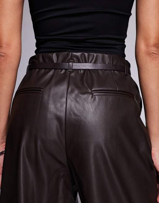 River Island faux leather belted wide leg trouser in dark brown, 4 of 5