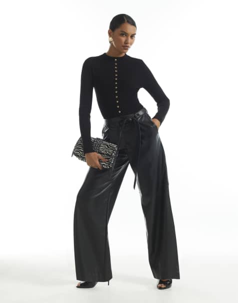 River Island Faux leather belted wide leg trousers in black - view 1