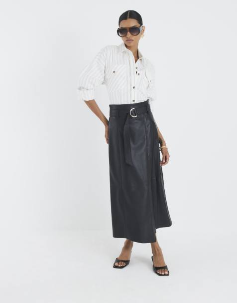 River Island Faux leather belted wrap midi skirt in black - view 1