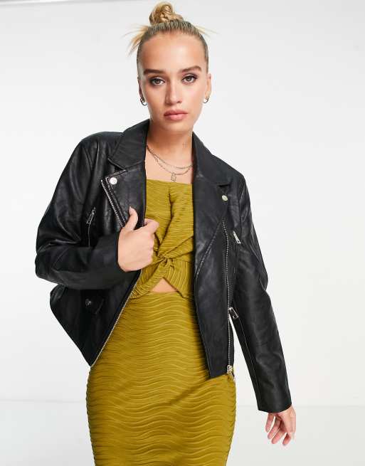 River Island faux leather biker jacket in black