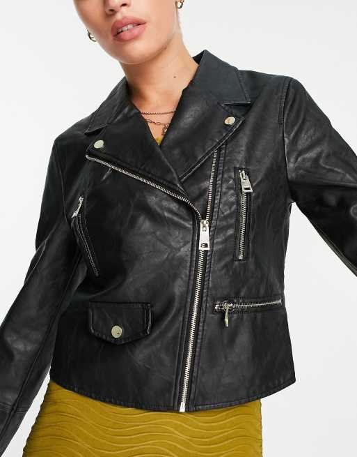 River Island faux leather biker jacket in black