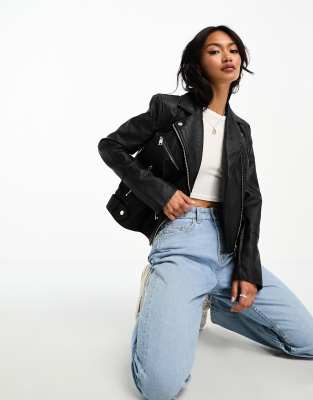 River Island Faux Leather Oversized Biker Jacket In Black