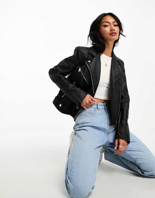 River Island faux leather biker jacket in black | ASOS