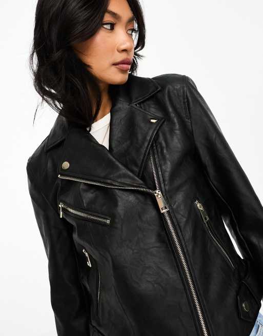 River Island faux leather biker jacket in black