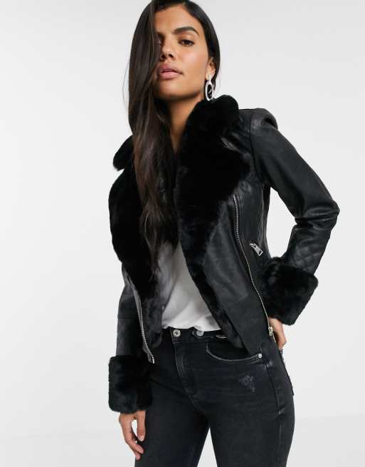 Black leather jacket 2024 with black fur collar